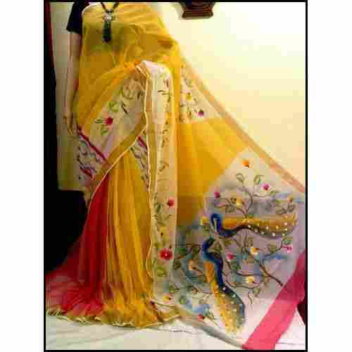 Bengal Handloom Hand Painted Cotton Saree in Blue Yellow Peacock