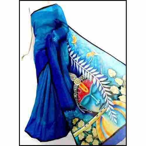 Cotton Hand Painted Bengal Handloom Saree in Blue Krishna