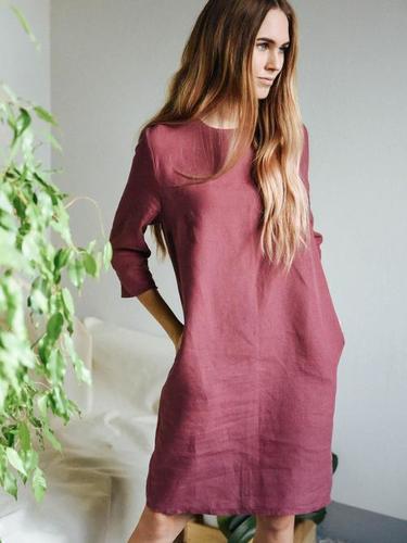 Medium Sleeves Long Soft Linen Dresses With Side Pockets Gender: Female