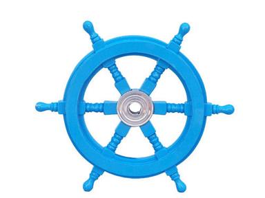 Shiny Polished Deluxe Class Light Blue Wood And Chrome Decorative Ship Steering Wheel