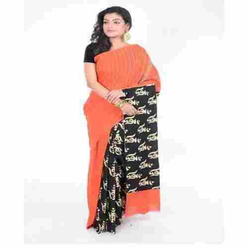 Orange and Black Color Khesh Cotton Saree With Blouse