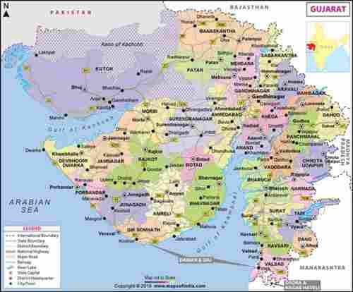 Multicolor Gujarat State English Political Map