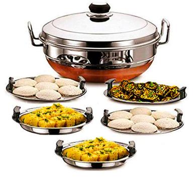 Silver-Copper Stainless Steel Idli Cooker Multi Kadai Steamer With Copper Bottom