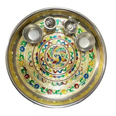Silver & Golden Peacock Decorated Stainless Steel Pooja Thali
