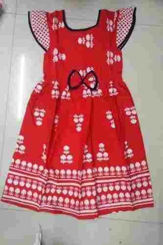 Sleeveless Red Color Printed Cotton Frock