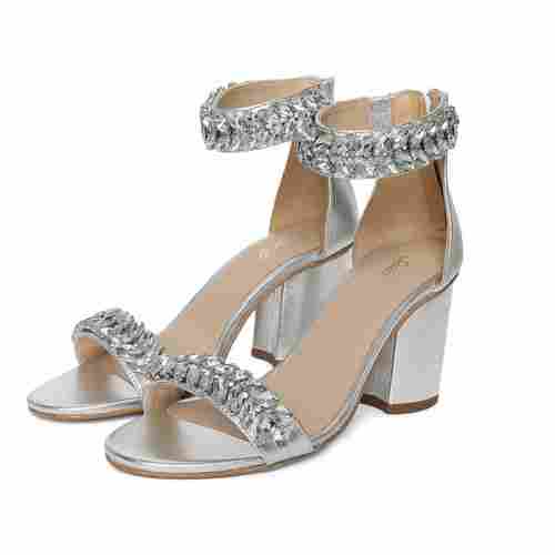 Saint Ornella Crystal Embellished Silver Metallic Leather Heel