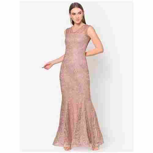 Womens Beige Lace Fishtail Gown