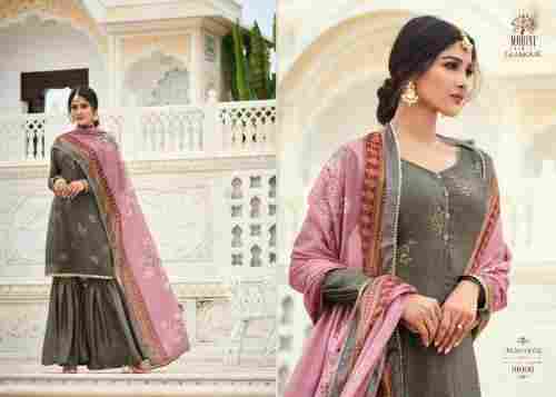 Embroidered Semi Stitched Mohini 91006 Crepe Silk Sharara Suits With Floral Dupatta