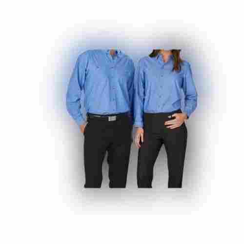 Plain Blue Full Sleeves Collared Buttoned Cotton Corporate Uniforms For Gents And Ladies