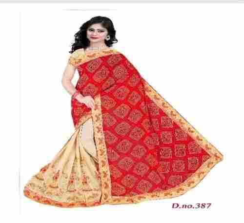 Red and Creme Color Fancy Saree with Blouse Piece
