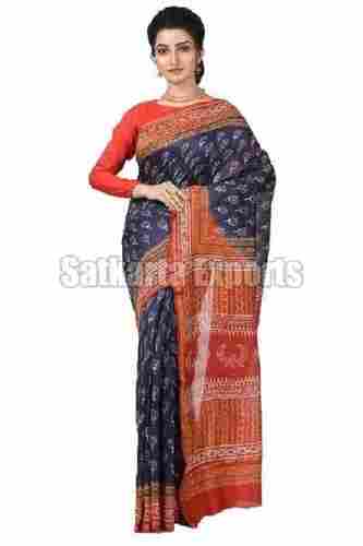 Chanderi Silk Unstitched Saree (Blue And Orange)