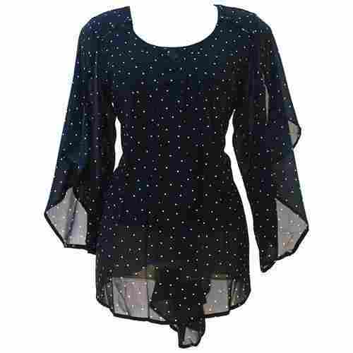 Ladies White Dotted Printed Cotton Fancy Tops (Black)