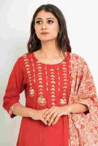 Red Embroidery Cotton Kurti Pant Set For Ladies, Party Wear, 3/4th Sleeves (Size Medium)