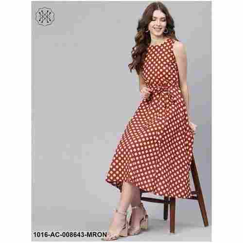 Ladies Cotton Maroon And Beige Polka Dots Dress With Round Neck And Detachable Belt