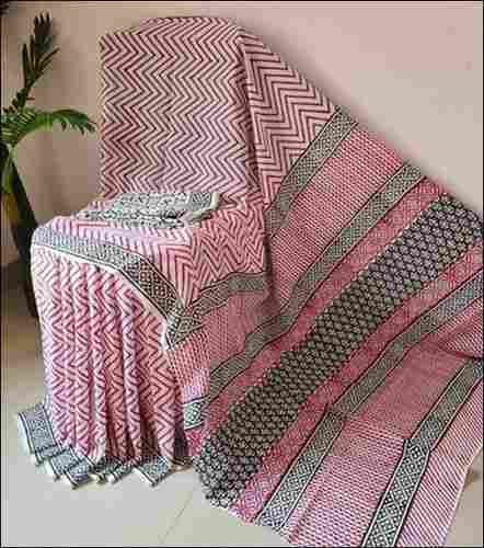 Pink Hand Block Printed Cotton Mulmul Saree