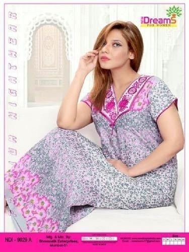 Mixed Color Full Length Cotton Printed Night Gown For Ladies, Half Sleeve, Night Wear, Size : Small, Medium, Large, Xl