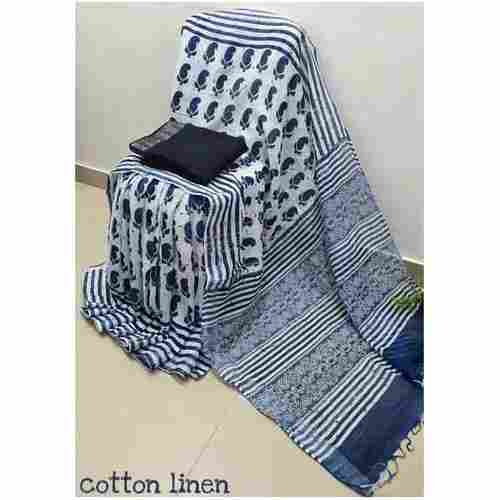 Ladies Hand Block Print Cotton Linen Saree