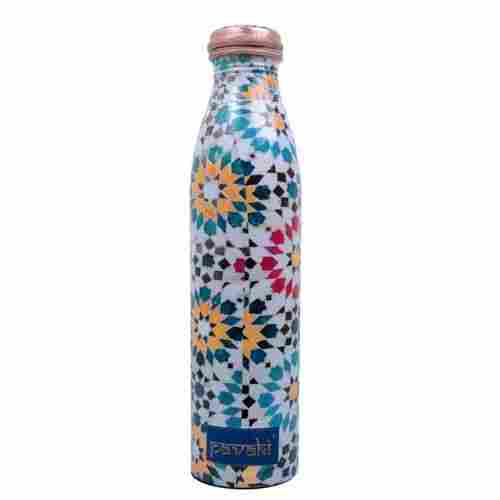 Pavaki Printed Copper Bottle, Polished Finish, Round Shape, Premium Quality, 900ml Capacity