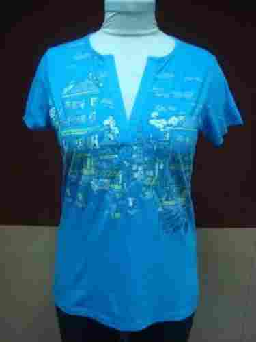 Stylish Design Printed V Neck T Shirt For Ladies, Half Sleeve, Well Stitched, Elegant Look, Blue Color