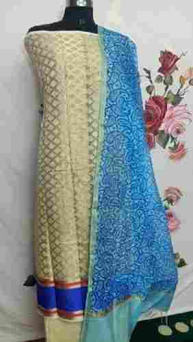 Banarasi Cotton Silk Suit With Geometrical Zari Work And Skirt Border