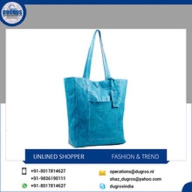 Buff Crustico Leather Shopping Bag, Anthracite Fittings, Unlined Lining, Handled Style, Matching Stitching, Plain Pattern, Premium Quality, Attractive Look, Jeans Blue Color Design: Simple