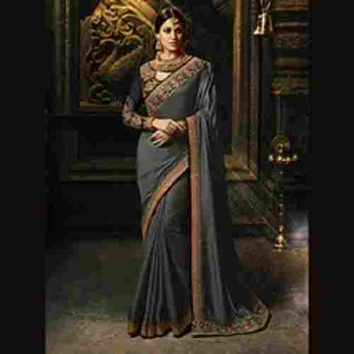 Grey Color Resham Work Silk Saree For Ladies, A Grade Quality, Skin Friendly, Elegant Look, Wedding Wear