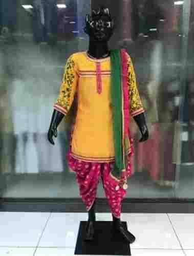 Lace Work Cotton Dhoti Suit For Kids, Round Neck, 3/4th Sleeves, Best Quality, Skin Friendly, Attractive Look, Amazingly Comfortable, Festival Wear, Yellow And Pink Color, Size : 24-38