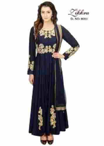 Neavy Blue Silk Gown For Ladies, Embroidered Work, Good Quality, Attractive Look, Skin Friendly, Party Wear 