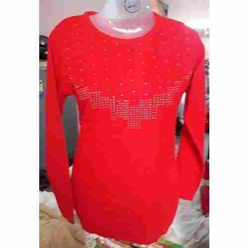Red Printed Woolen Top For Ladies, Full Sleeve, Top Quality, Stunning Look, Comfortable To Wear, Soft Texture, Skin Friendly, Casual Wear
