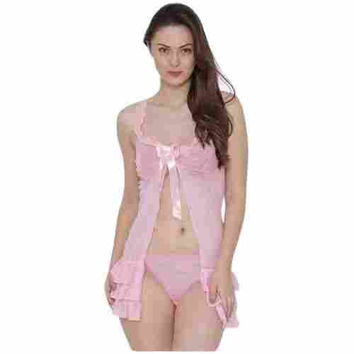 Ladies Translucent Plain Pink Sleeveless Babydoll Dress