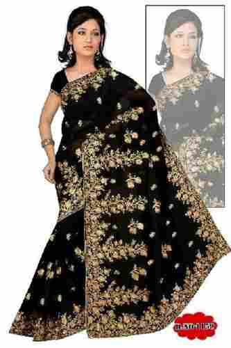 Black Semi Georgette Embroidered Sarees For Ladies, Supreme Quality, Exquisite Design, Trendy Look, Handloom Technics, Skin Friendly, Soft Texture, Comfortable To Wear
