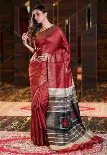 Marron Raw Silk Saree For Ladies, Printed And Plain Pattern, Twisted Technics, High Quality, Trendy Design, Elegant Look, Skin Friendly, Soft Texture, Saree Length: 6.3 M With Blouse Piece