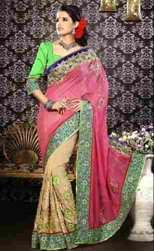 Pink And Beige Net Embroidered Sarees For Ladies, Superior Quality, Stylish Design, Stylish Look, Printed Pattern, Skin Friendly, Soft Texture, Comfortable To Wear