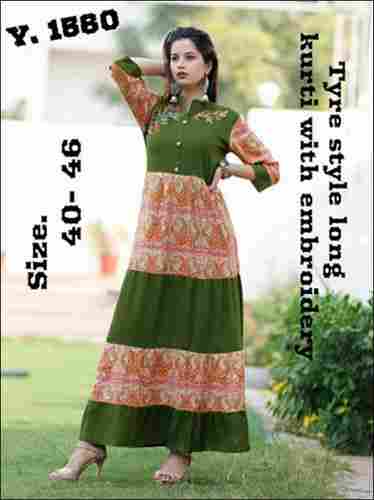 Ladies Rayon Embroidery Long Kurti With Sleeve 3/4th