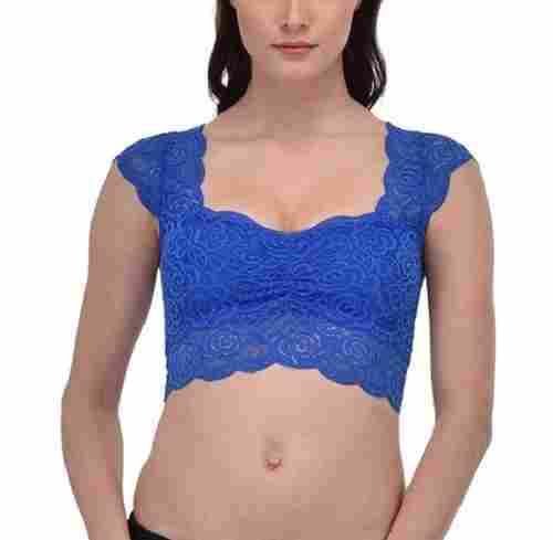 Blue Floral Lace Crop Stitched Blouse For Ladies, Sleeveless, Attractive Pattern, Premium Quality, Trendy Design, Eye Catchy Look, Soft Texture, Skin Friendly, Comfortable To Wear