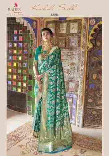 Green Kailashi Silk Weaving Printed Saree For Ladies With Beautiful Brocade Minakari, Consumer Winning Quality, Unique Design, Bright Look, Soft Texture, Skin Friendly, Well Stitched
