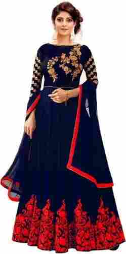 Blue With Red Tafeta Silk Embroidered Anarkali Suits For Ladies, 3/4 Sleeves, Full Length, High Quality, Attractive Design, Contemporary Look, Soft Texture, Skin Friendly