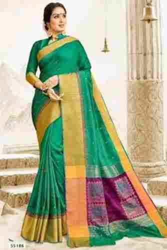 55186 Green Garba Silk Printed Saree With Out Blouse Piece