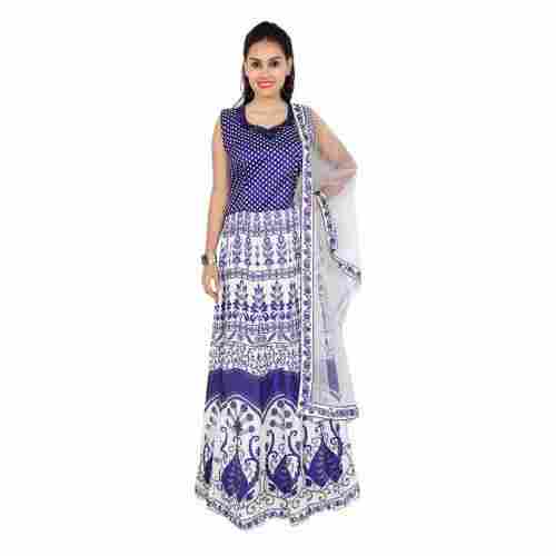 Ladies Floor Length Sleeveless White and Blue Digital Print Hand Work Gown