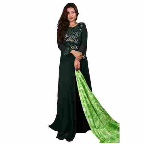 Ladies Full Length Full Sleeve Green Georgette Sequence Work Gown
