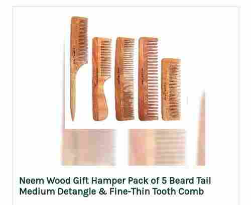 Neem Wood Gift Hamper Pack of 5 Beard Tail Medium Detangle & Fine-Thin Tooth Comb