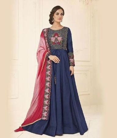 Indian Navy Blue Color Full Length Long Sleeves Satin Tafeta Heavy Embroidery Designer Stitched Gown