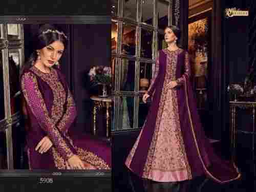 Violet Color Semi-Stitched Full Sleeves Georgette Net Designer Swagat Gown With Embroidery Work