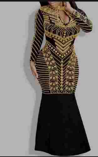 Golden And Black Color Full Sleeves Embroidered Lycra African Long Kaftans