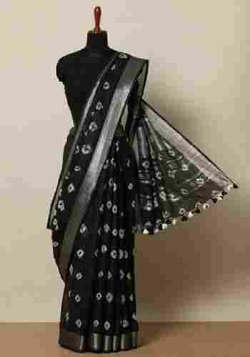 Black Color Party Wear Printed Shibori Linen Saree With Blouse Piece