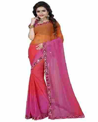 Festive Wear Mirror Lace Border Georgette Plain Pink And Yellow Sarees
