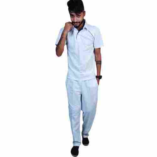 White Color Skin Friendly Polo-Neck Half Sleeves Reguler Fit Plain Polyester Navex Cricket Test Match Jersey And Trackpant