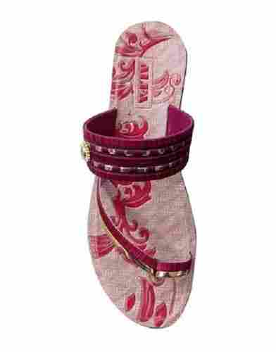 Pink Upper Rexine Material Printed Design Casual Ladies PU Slipper
