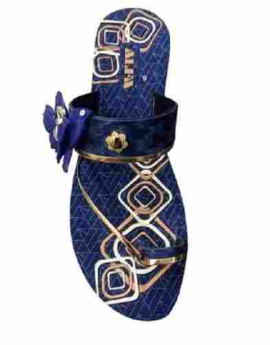 Upper Rexine Material Printed Design Fancy Ladies Blue PU Slipper
