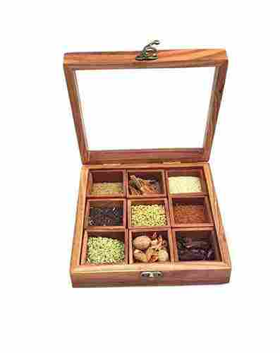 9 Compartment Rectangular Wooden Masala Spice And Dry Fruit Box With Glass Top 8 x 8 x 2.4 Inch
